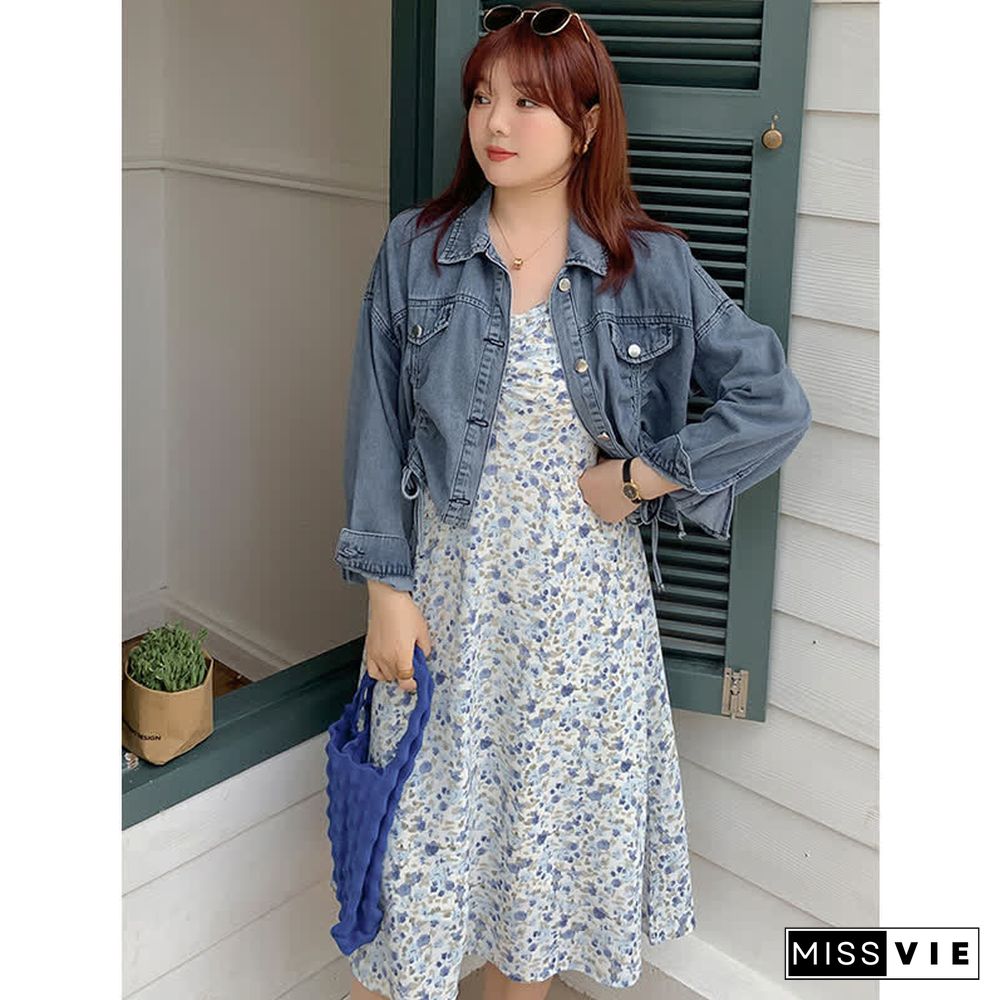 Plus Size Drawstring Denim Jacket Floral Print Slip Dress