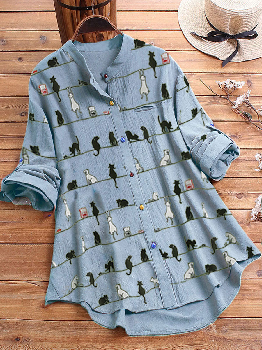 40% Off Cat Print Color Button Casual Long Blouse