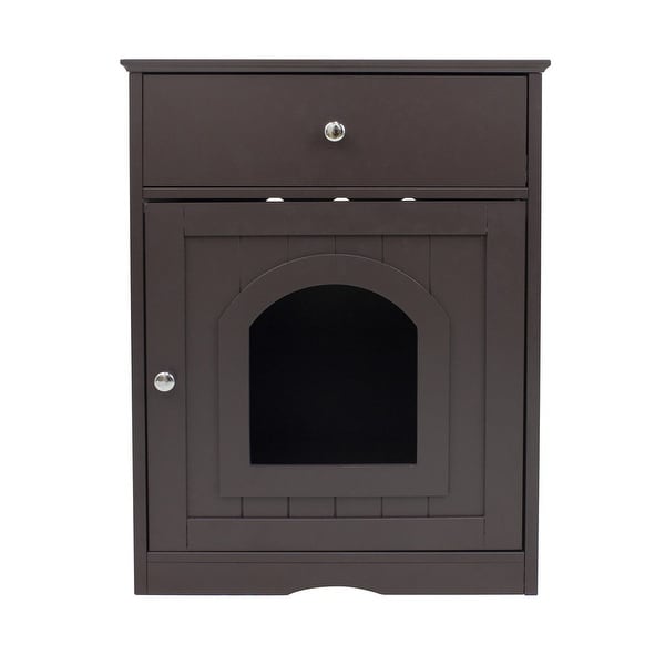 Wooden Side Table Pet House with Drawer， Brown