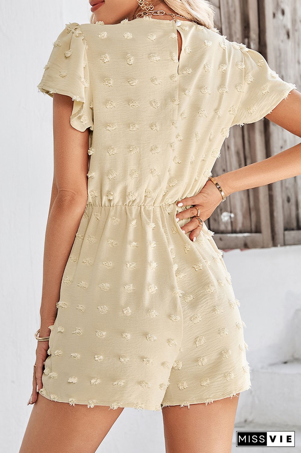 Texture Spot V Neck Crochet Lace Edge Rompers