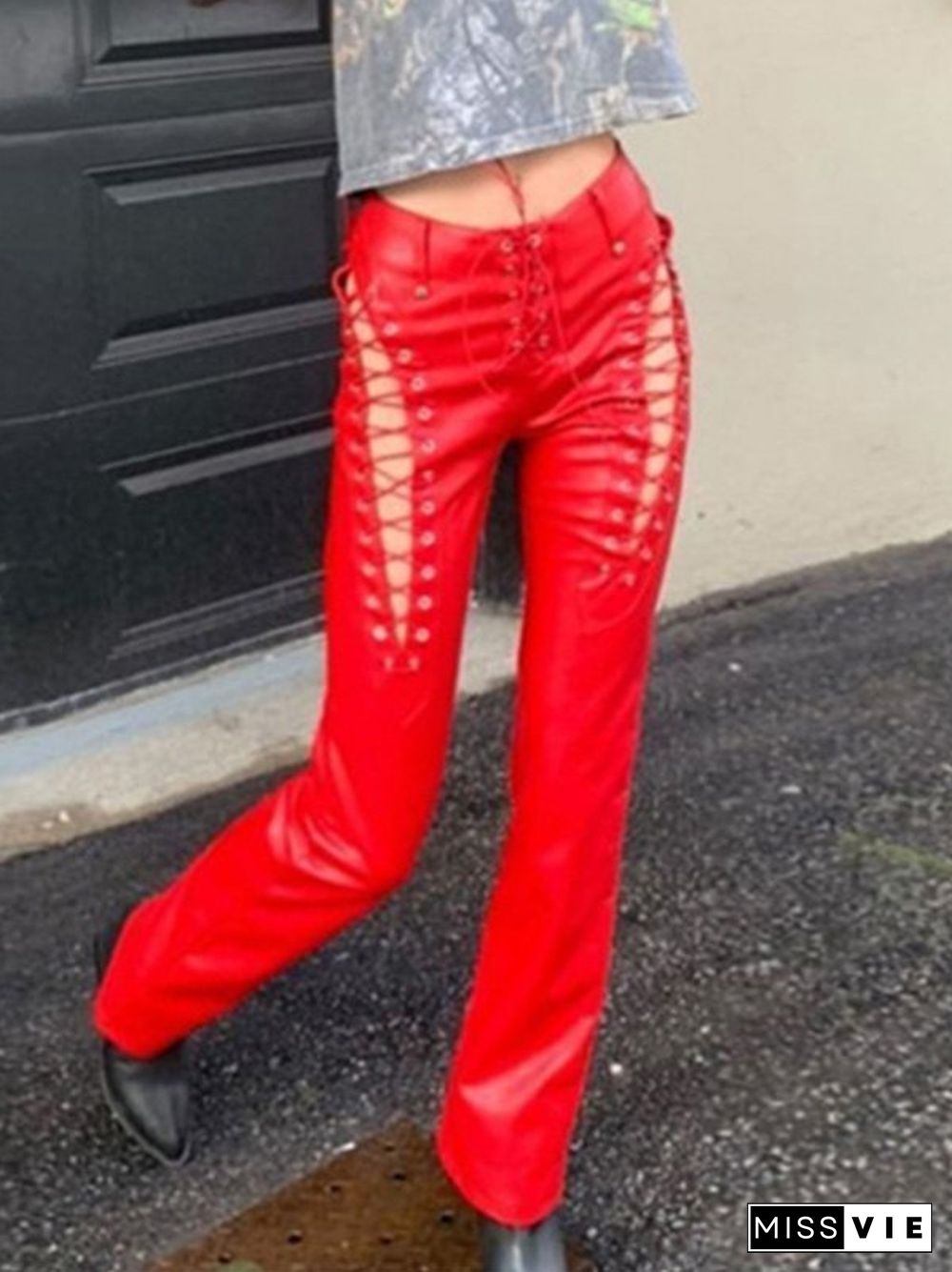 Cutout Lace Up Pu Leather Pants