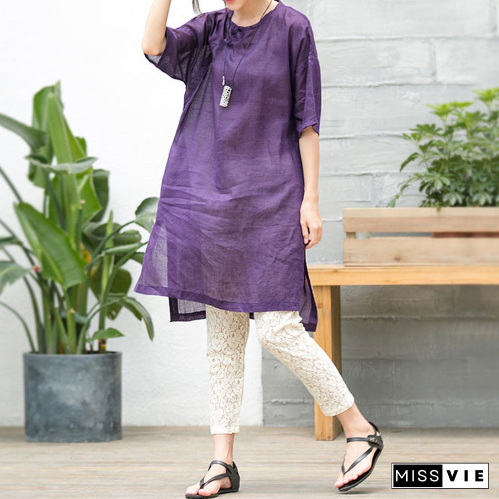 Elegant purple natural cotton linen dress oversize traveling clothing Fine short sleeve O neck a line skirts cotton linen dress