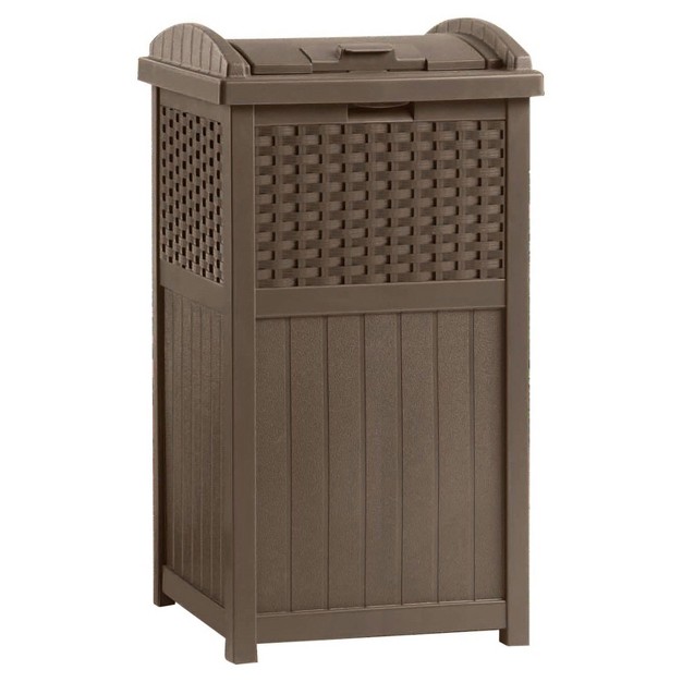 Suncast 73 Gallon Deck Box amp Wicker Trash Hideaway Outdoor Garbage Bin Java