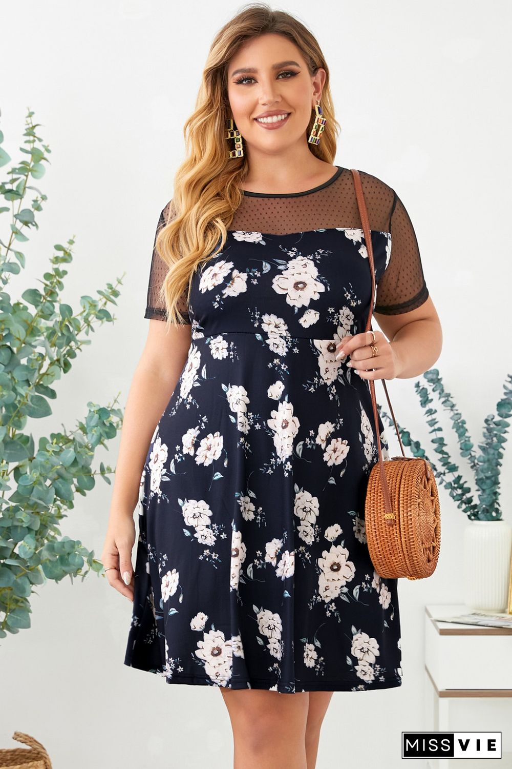 Plus size Floral Print Polka Dots Mesh Patch Mini Dress