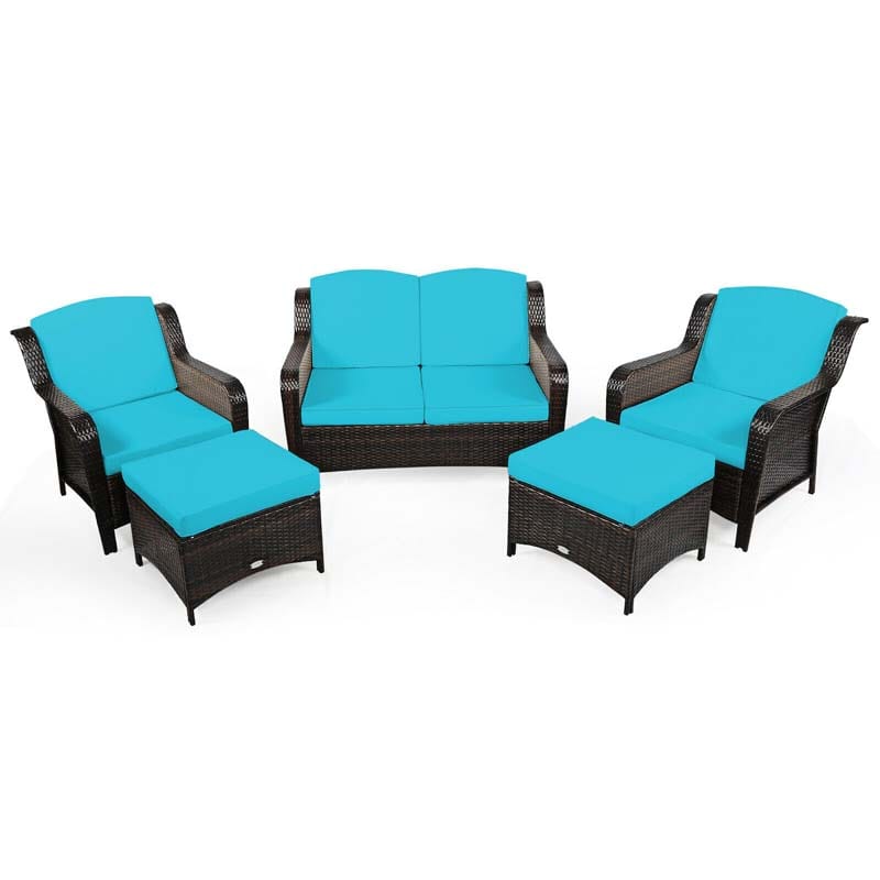 5 Pcs Rattan Wicker Patio Furniture Set with Loveseat, Single Sofas & Ottomans, Outdoor Conversation Sets