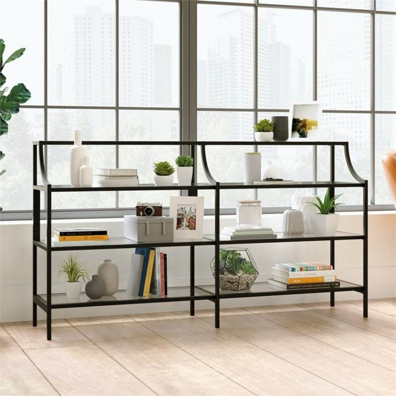 Sauder Harvey Park 3 Shelf 59 quotMetal Framed Glass Console Table in Black   Industrial   Console Tables   by Homesquare  Houzz