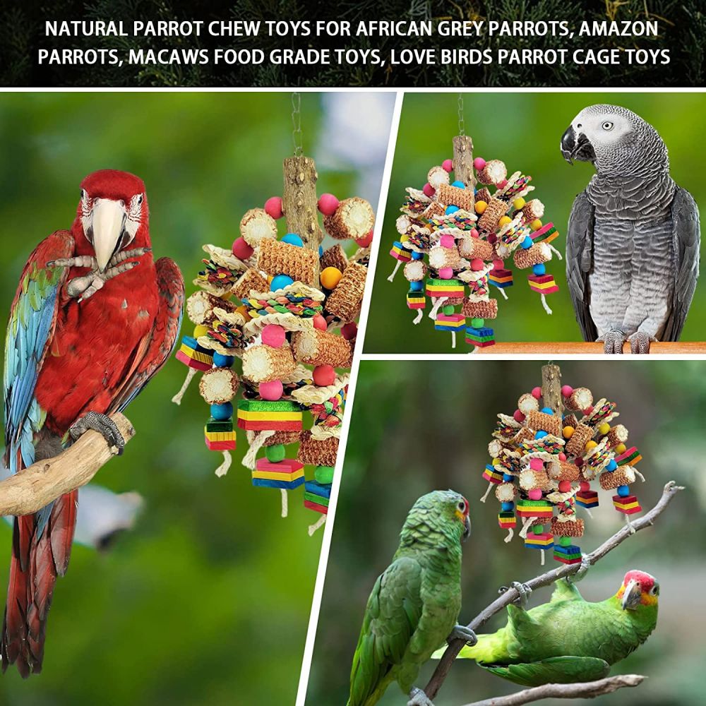 Bird Toys，Multi-Color Wooden Block Bird Toys， Natural Parrot chew Toys for African Grey Parrots， Small and Medium-Sized Macaws Food Grade Toys， Love Birds Parrot cage Toys