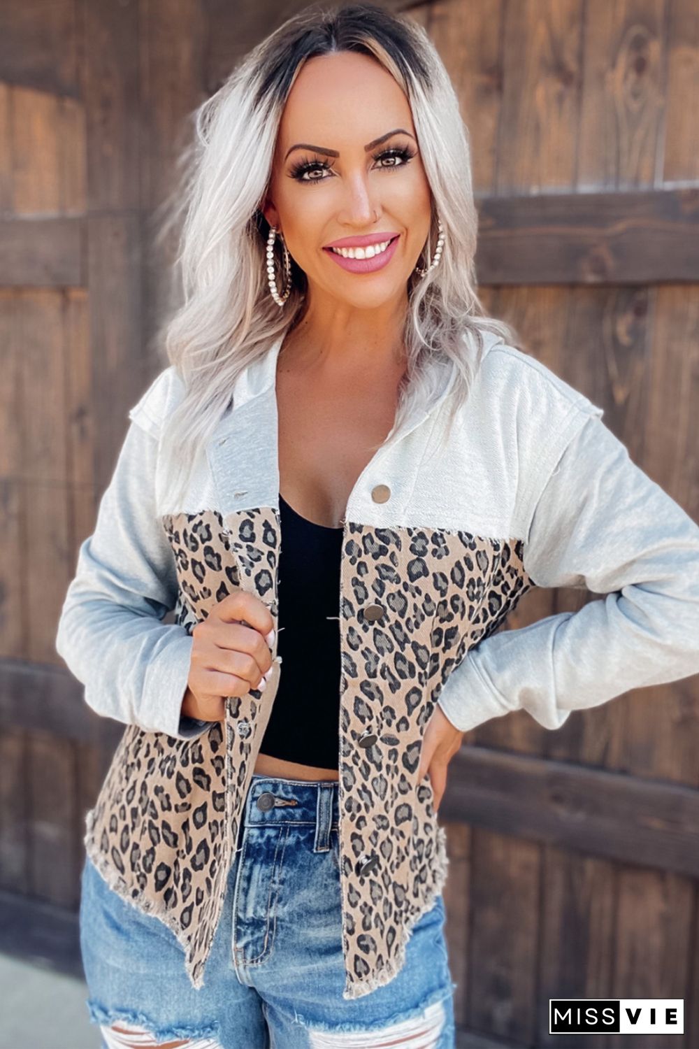 Leopard Denim French Terry Hooded Jacket