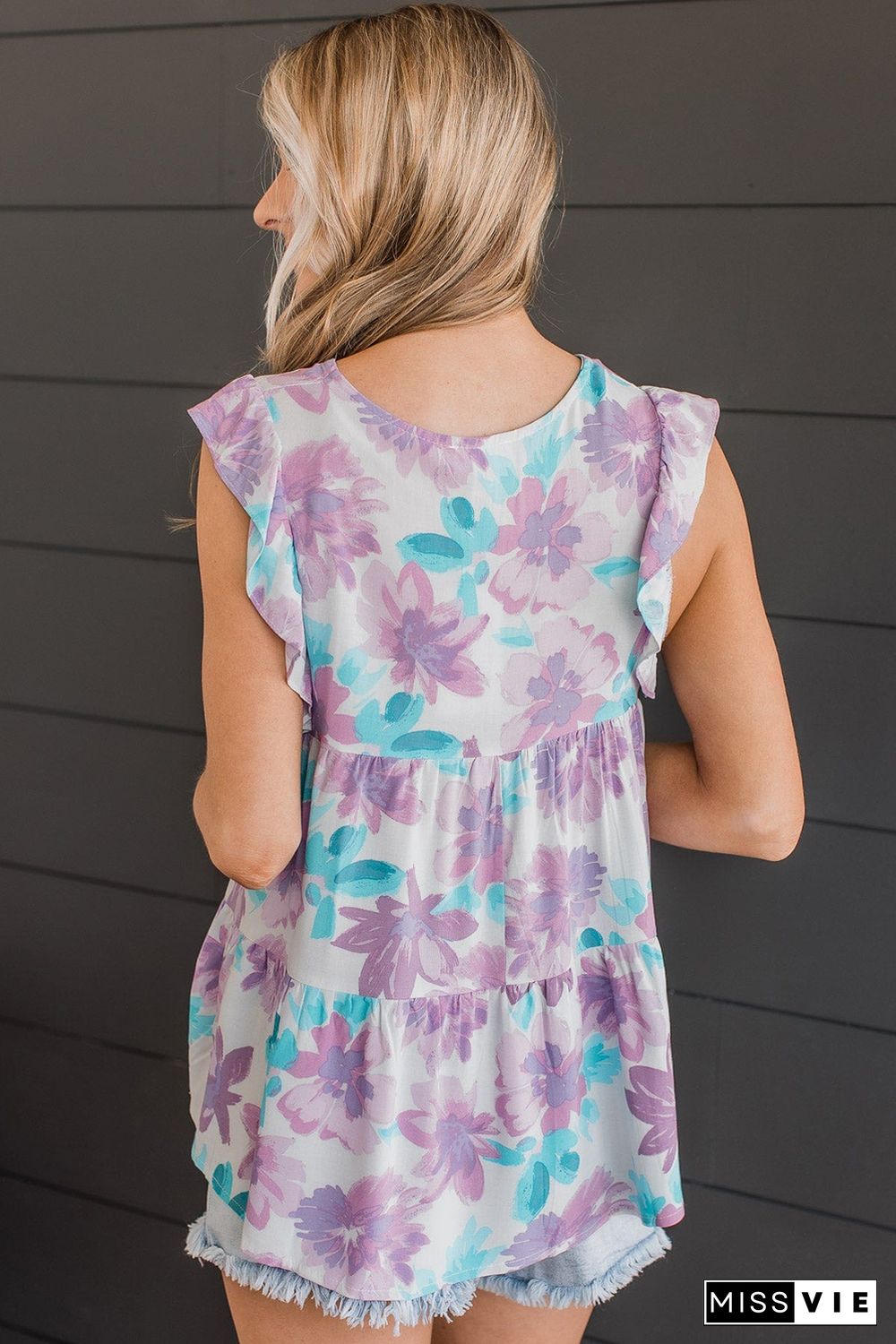 Purple Watercolor Floral Ruffled V Neck Tank Top