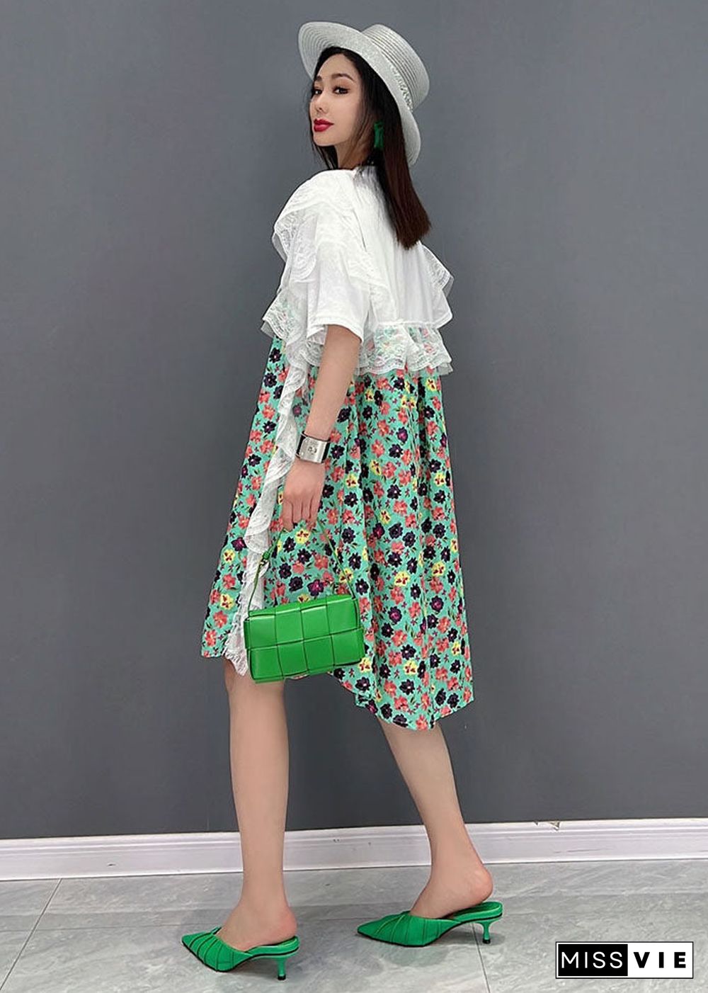 Green Print Lace Patchwork Party Dress O-Neck Short Sleeve