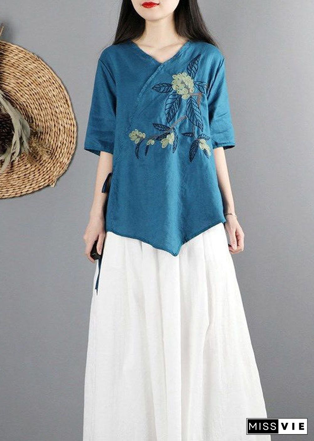 Peacock Blue Cotton Shirt Tops V Neck Tie Waist Short Sleeve