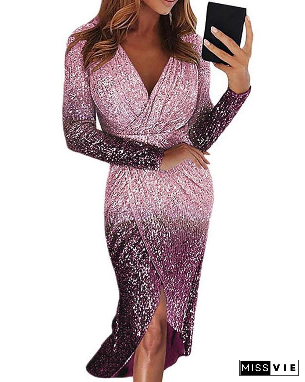 Women's Bodycon Long Sleeve Color Gradient Color Block Sequins Asymmetric Elegant Sexy Black Blue Purple Red Yellow Blushing Pink Gold Silver S M L XL XXL