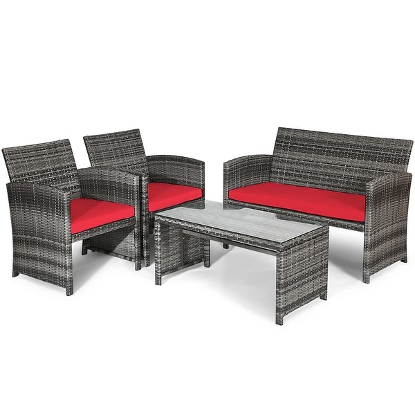 Gymax 8PCS Patio Outdoor Rattan Conversation Furniture Set w/ Red