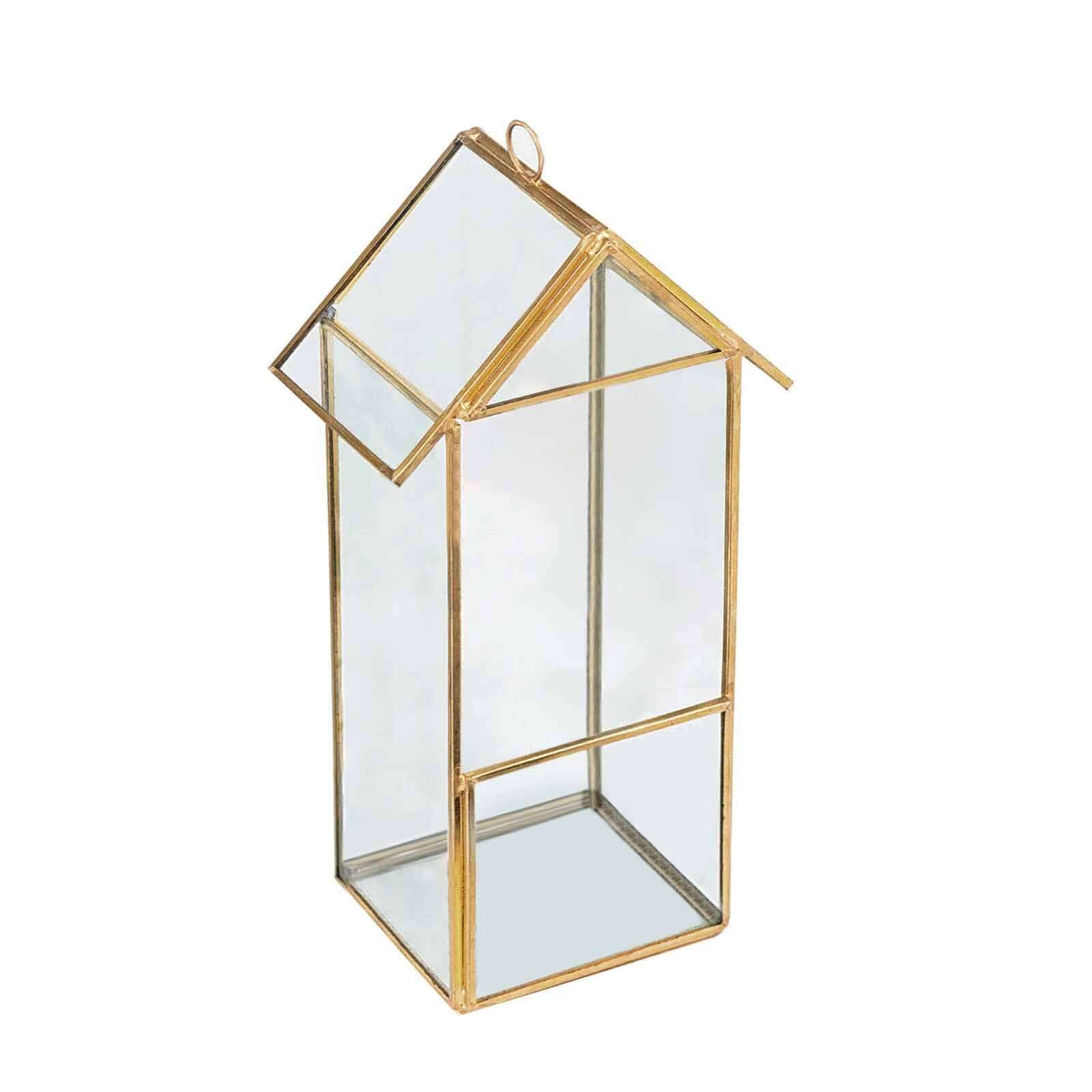 House Lantern Hanging Gold Metal Geometric Glass Terrarium, Multipurpose Air Plants Holder 11