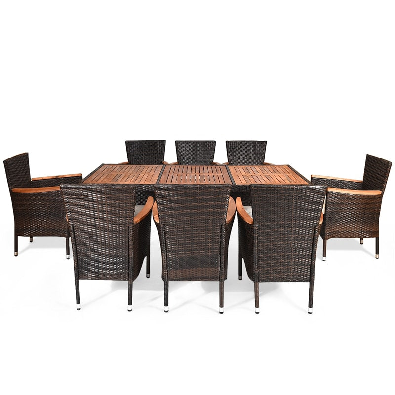 9 Pcs Rattan Patio Dining Set with Acacia Wood Tabletop & Cushioned Stackable Armchairs