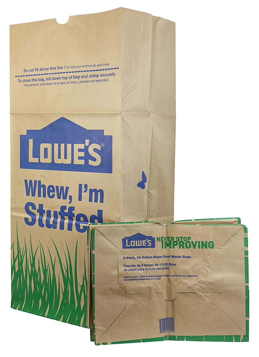 Set of 2 Pack of 10 Count.Lowe's 30 Gallon Heavy Duty Brown Paper Lawn and Refuse Bags for Home and Garden (10 Count), Large (LOWESLL)