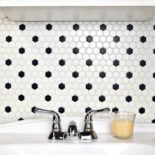 Merola Tile Metro Hex Matte White with Black Dot 10-14 in. x 11-78 in. Porcelain Mosaic (8.6 sq. ft.Case) FDXMHMWD