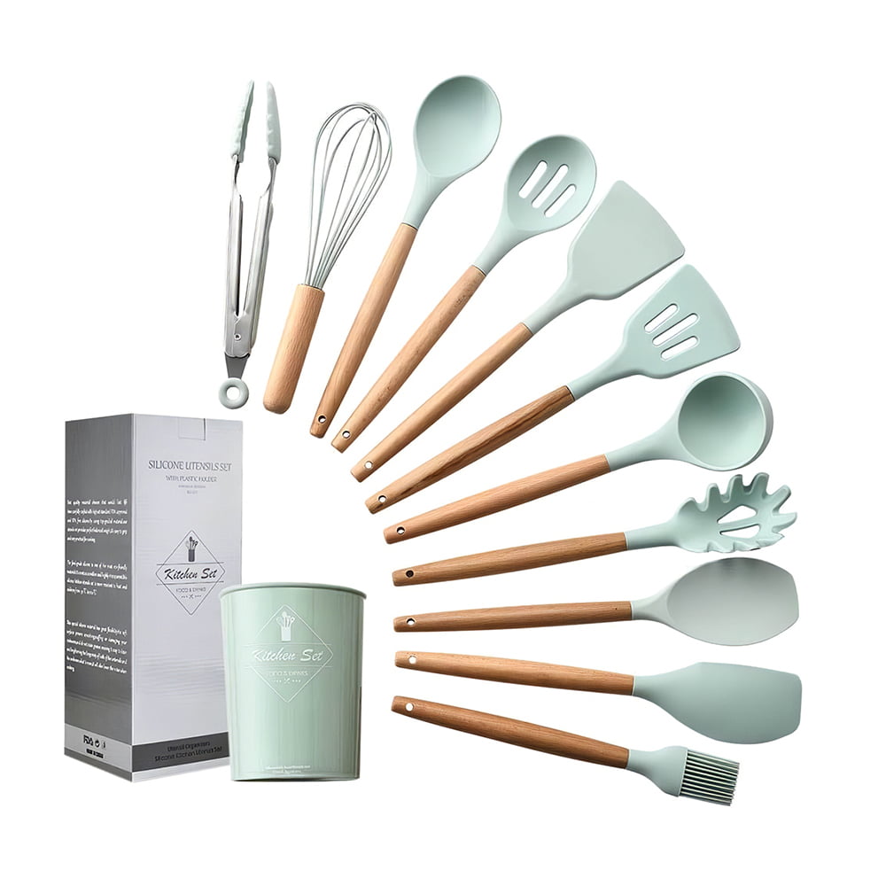 Walmeck Kitchen Utensils Set 11Pcs Silicone Non-stick Barreled Cooking Utensils Set Silica Gel Utensil Wooden Handle Kitchenware Set