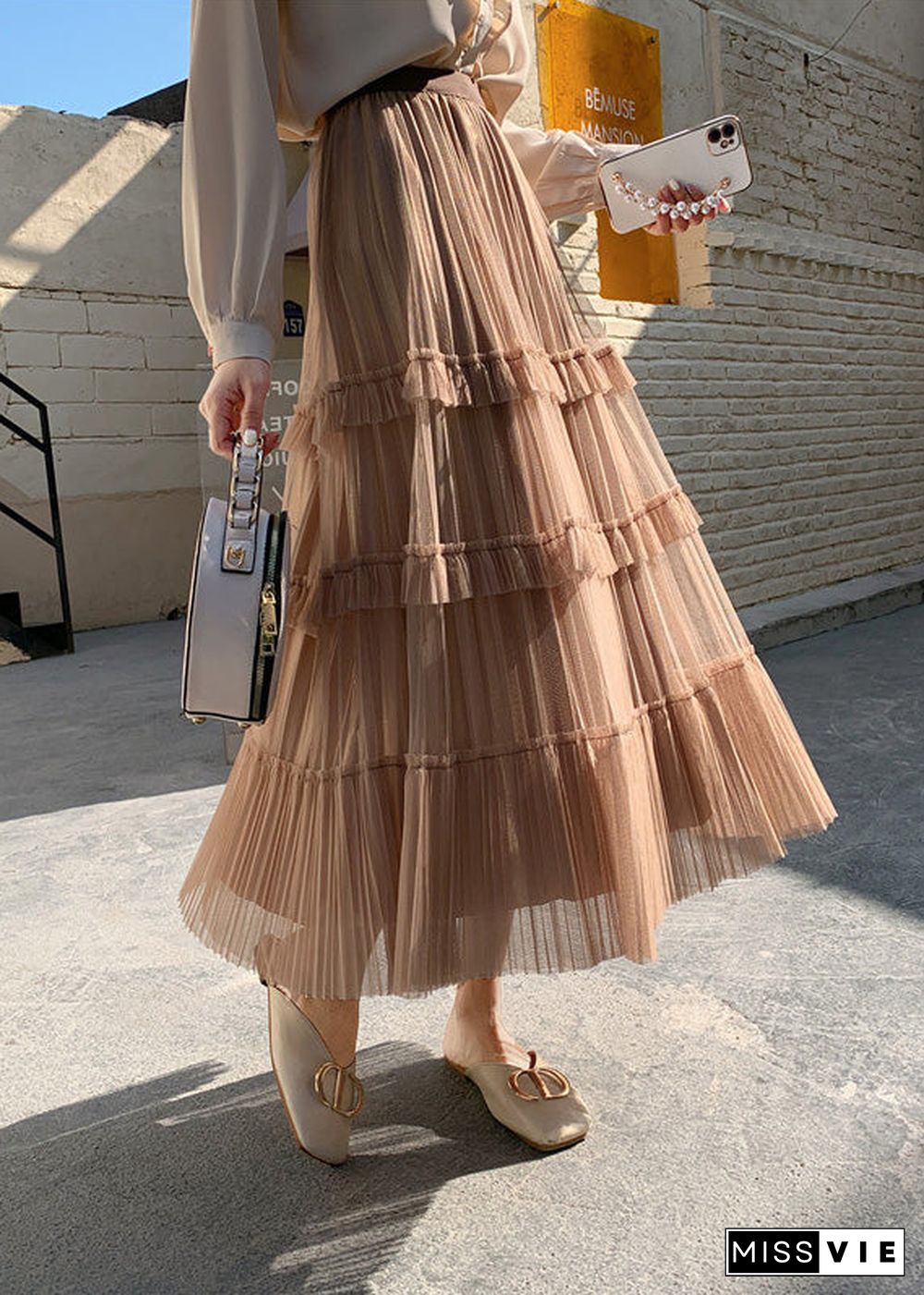 Cute Khaki High Waist Wrinkled Tulle Cake Skirt Spring