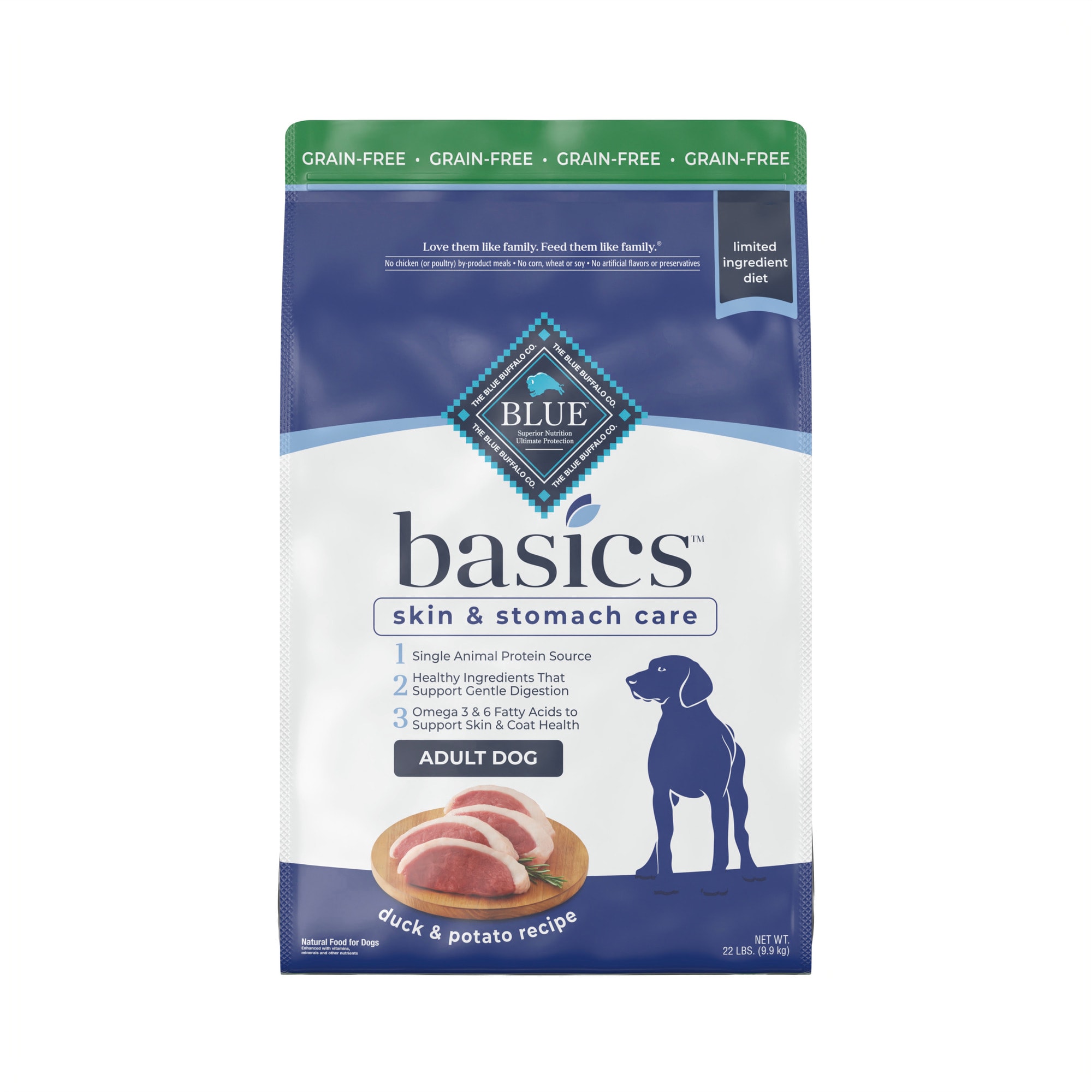 Blue Buffalo Blue Basics Skin  Stomach Care Natural Adult Grain Free Duck  Potato Dry Dog Food， 22 lbs.