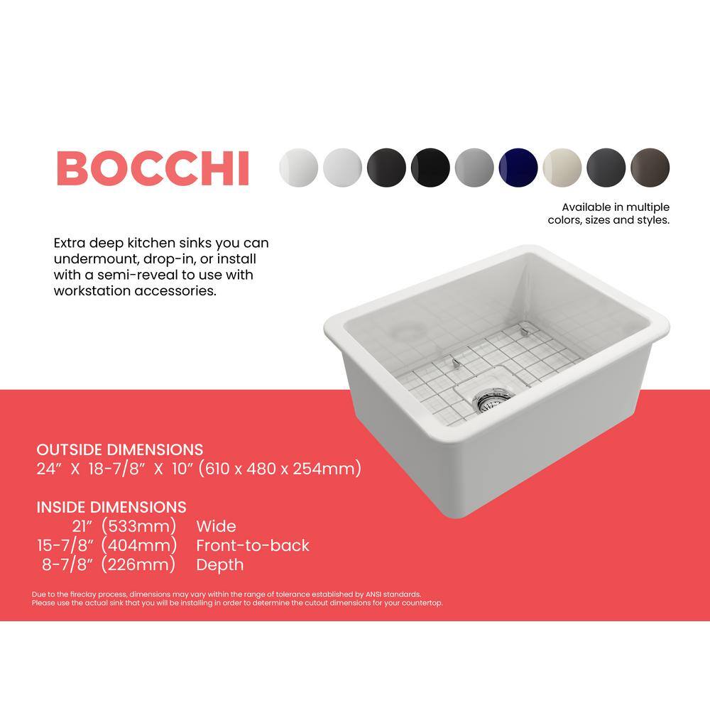 BOCCHI Sotto White Fireclay 24 in. Single Bowl UndermountDrop-In Kitchen Sink wProtective Bottom Grid and Strainer 1627-001-0120