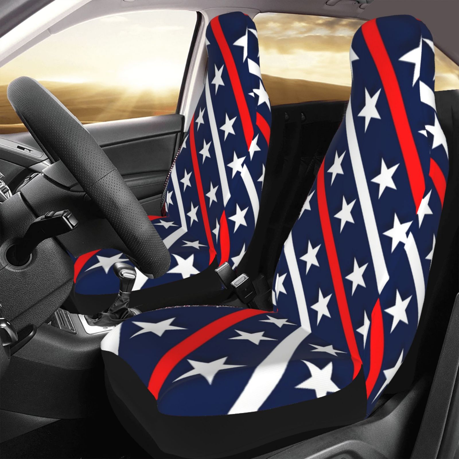 TEQUAN Front Seat Covers， Patriotic Red White Blue Stars Strips Pattern 2 Piece Car Seat Cover Fit Most Car SUV Truck Van