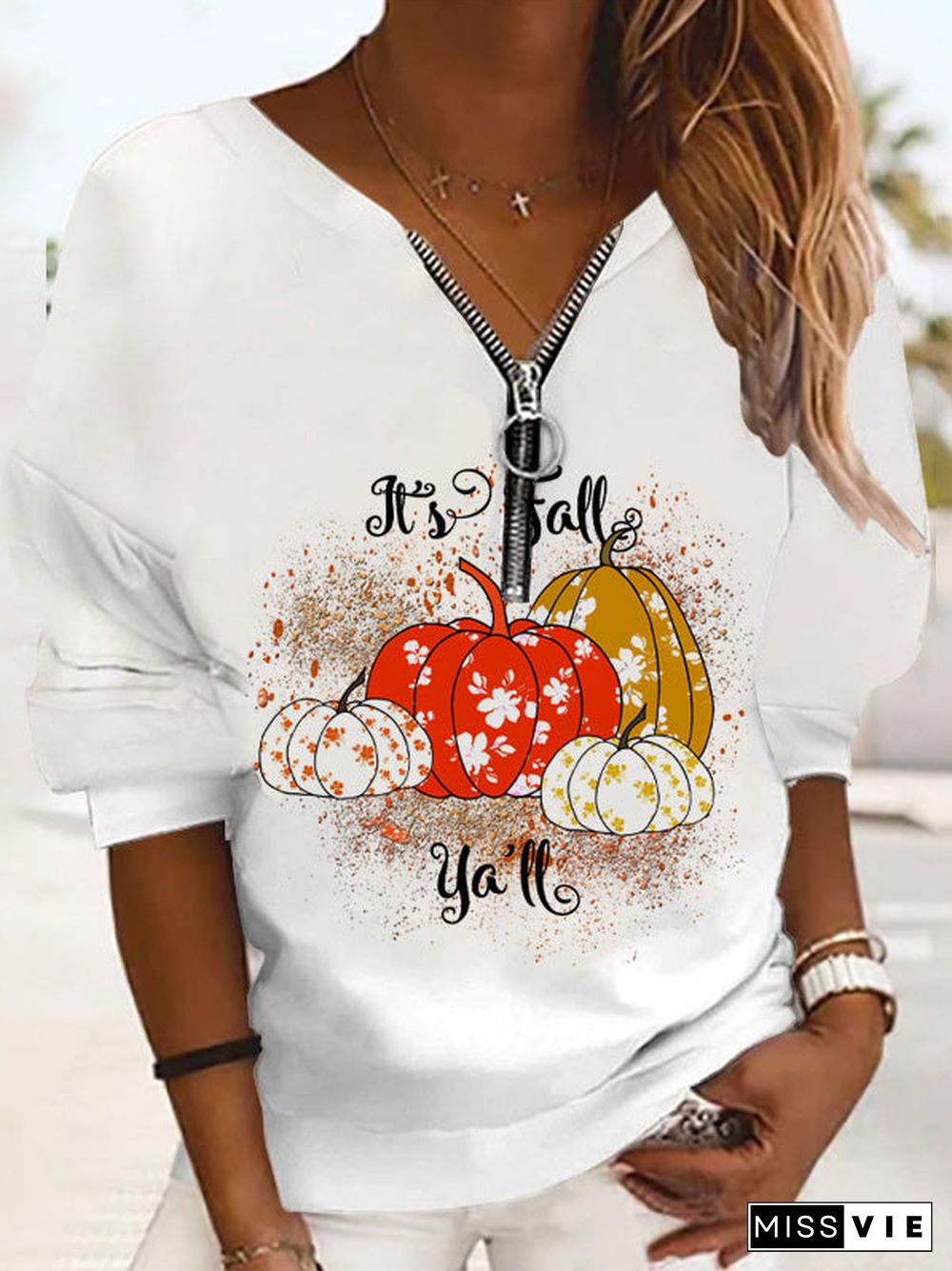 Women'S T-Shirts Printed Zip Long Sleeve Casual T-Shirt