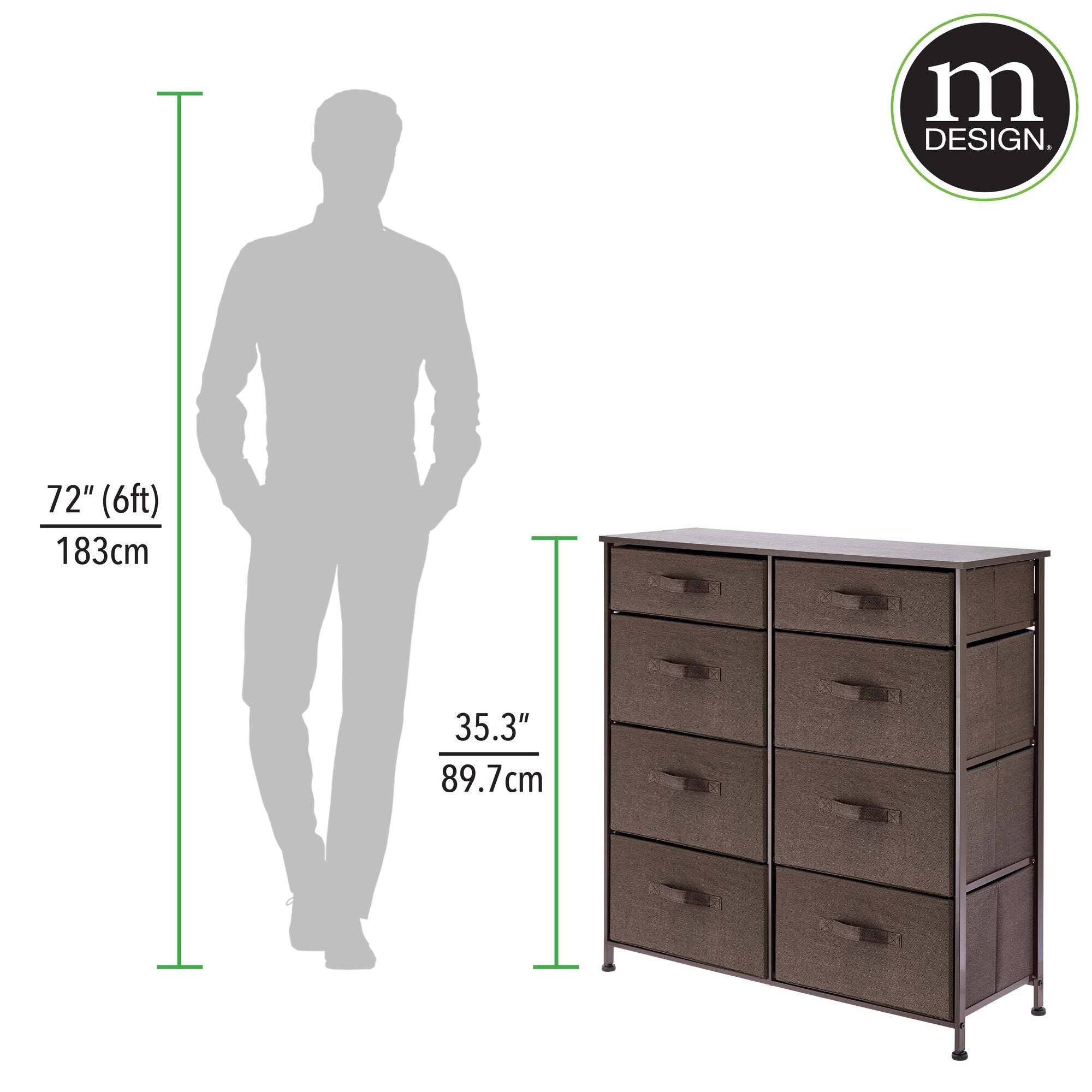 mDesign Tall Steel Frame/Wood Top Storage Dresser Furniture Unit with 8 Slim Removable Fabric Drawers, Large Bureau Organizer for Bedroom, Living Room, Closet - Lido Collection, Espresso Brown