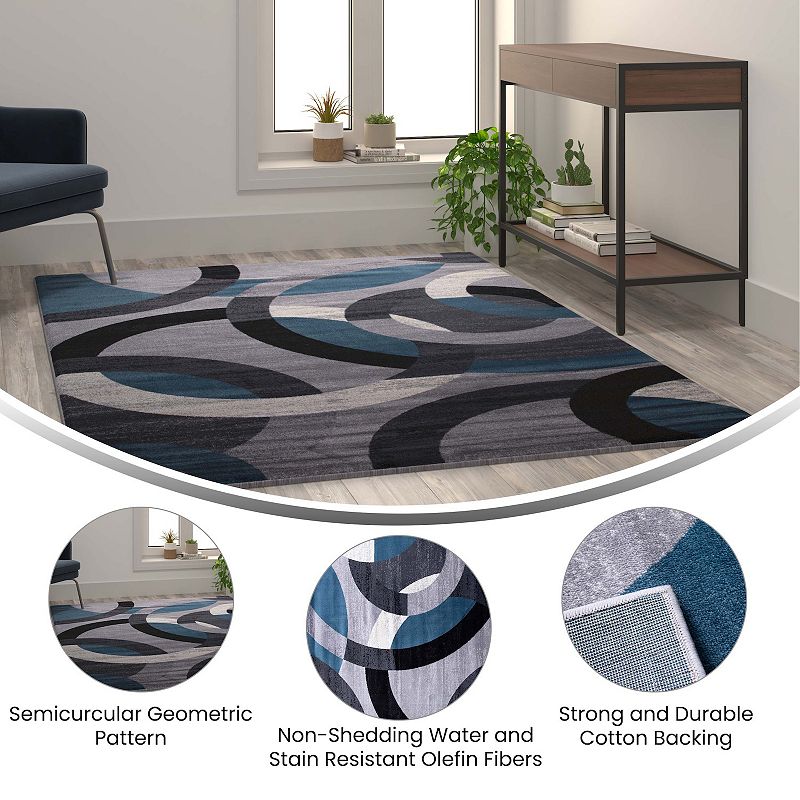 Masada Rugs Masada Rugs， Thatcher Collection Accent Rug with Interlocking Circle Pattern in Blue and Grey with Olefin Facing and Natural Jute Backing - 5'x7'