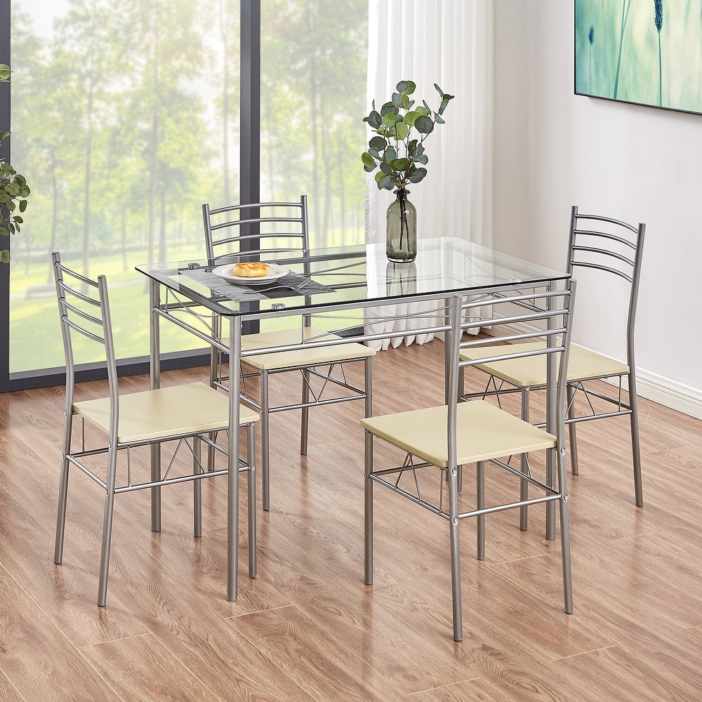 5 pieces Modern Dining Sets Tempered Glass Table Top and 4 PU Chairs