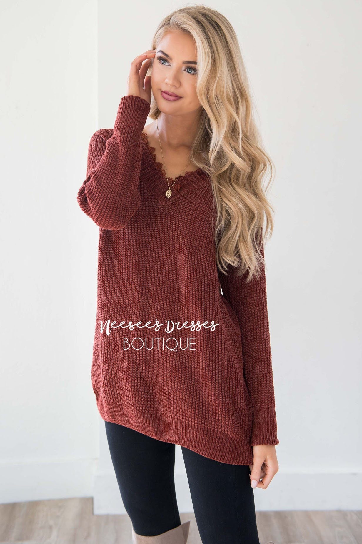 Chenille Knit V-Neck Lace Trim Sweater