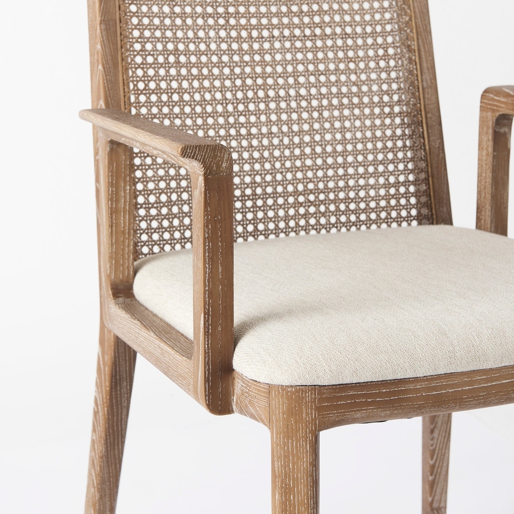 Clara Cream Fabric Seat with Cane Back and Light Brown Solid Wood Frame Dining Chair