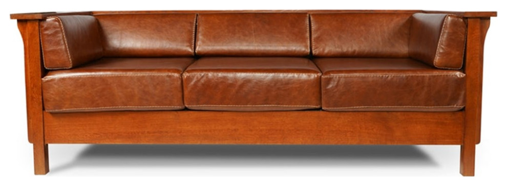 Arts and Crafts / Craftsman Cubic Panel Side Sofa   Chestnut Brown Leather   Craftsman   Sofas   by Homesquare  Houzz