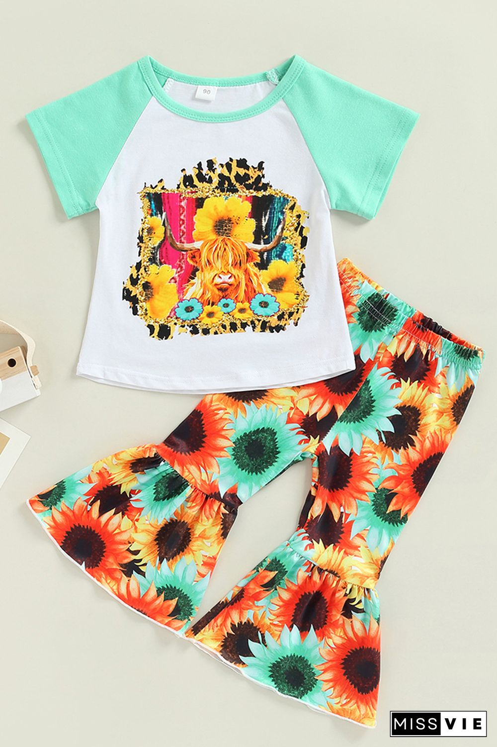 Sun Flower Short Sleeve Top & Flare Pants 2PCS Set Wholesale