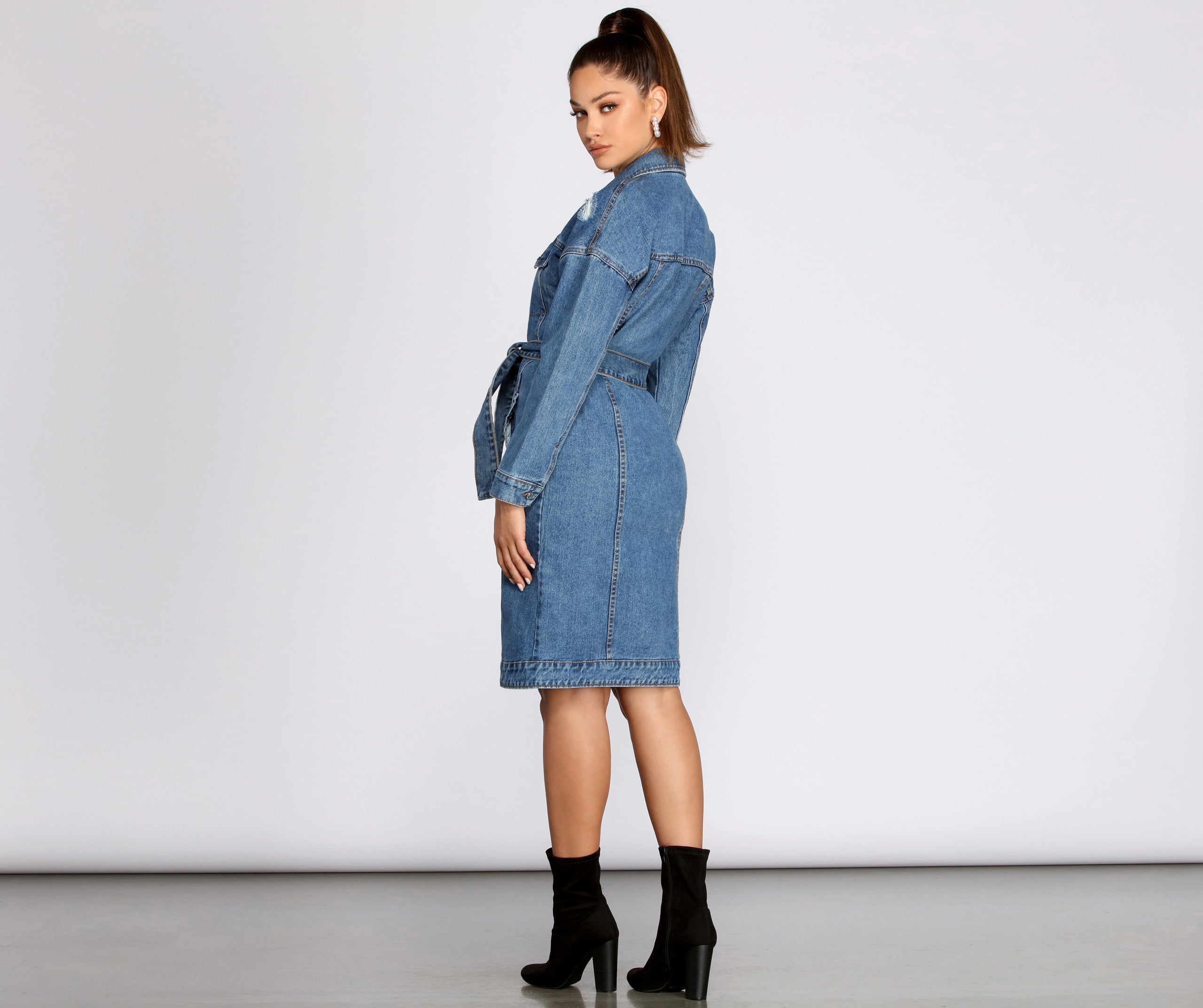 Be That Babe Belted Long Denim Jacket