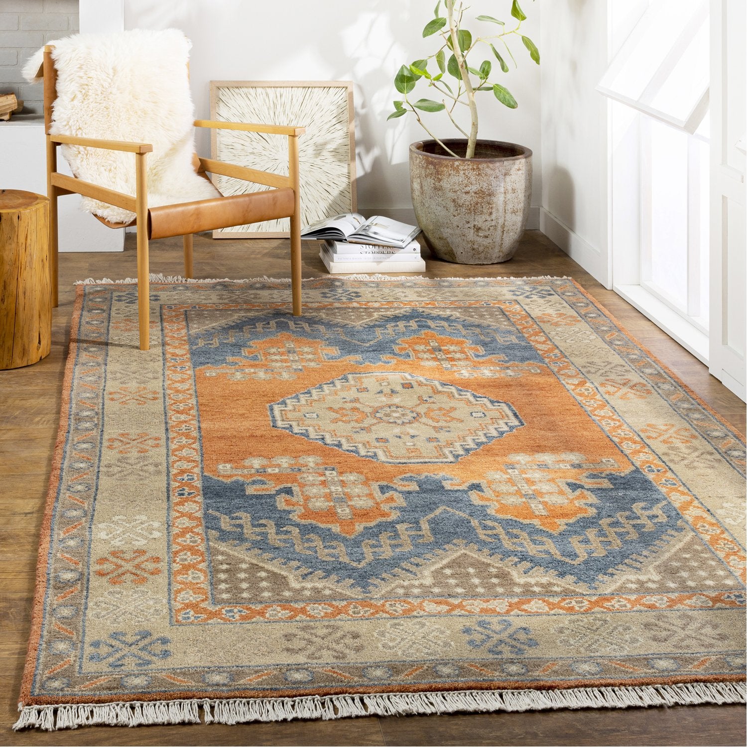 Isparta Hand Knotted Rug in Camel, Tan, Moss, Burnt Orange, Navy, Denim