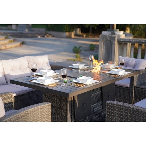 Patio Wicker Sofa Set With Firepit and Ice Container Rectangle Dining Table