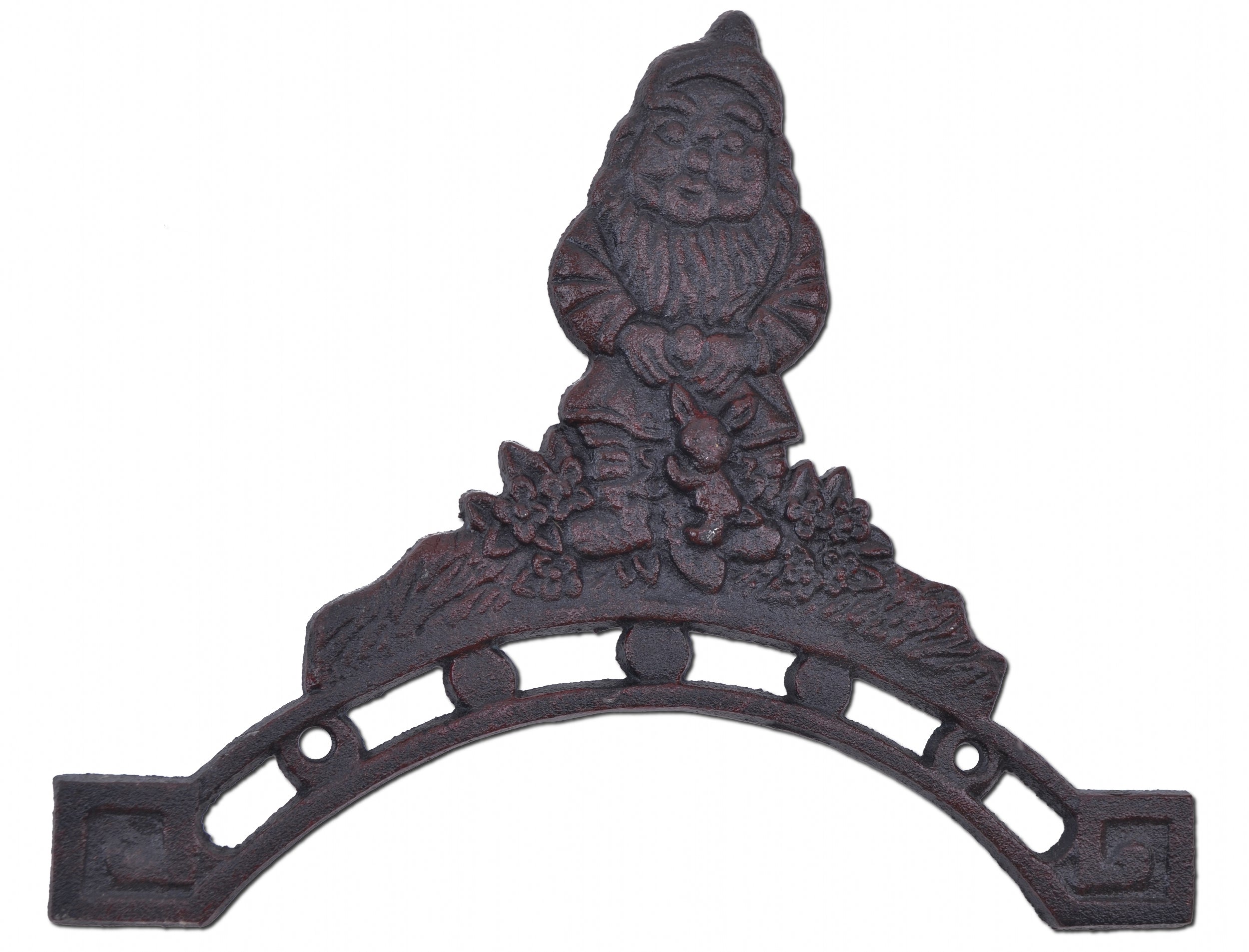 Garden Hose Holder - Gnome With Bunny - Distressed Red Cast Iron - 10.25