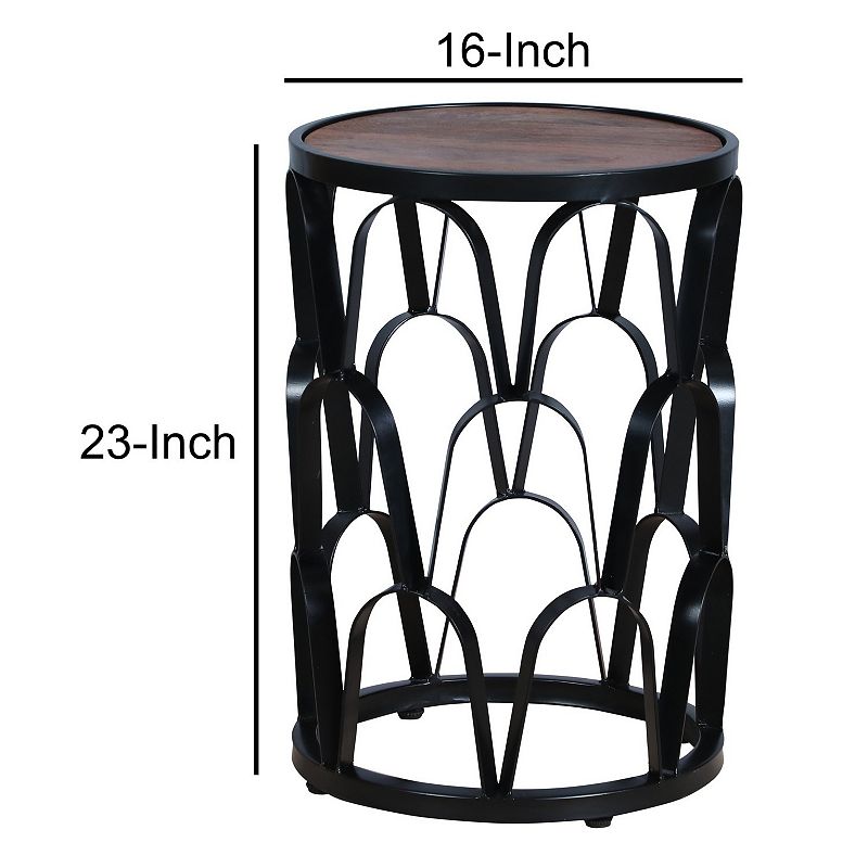 23 Inch End Side Table， Round Mango Wood Top， Lattice Cut Out Iron Frame， Brown， Black