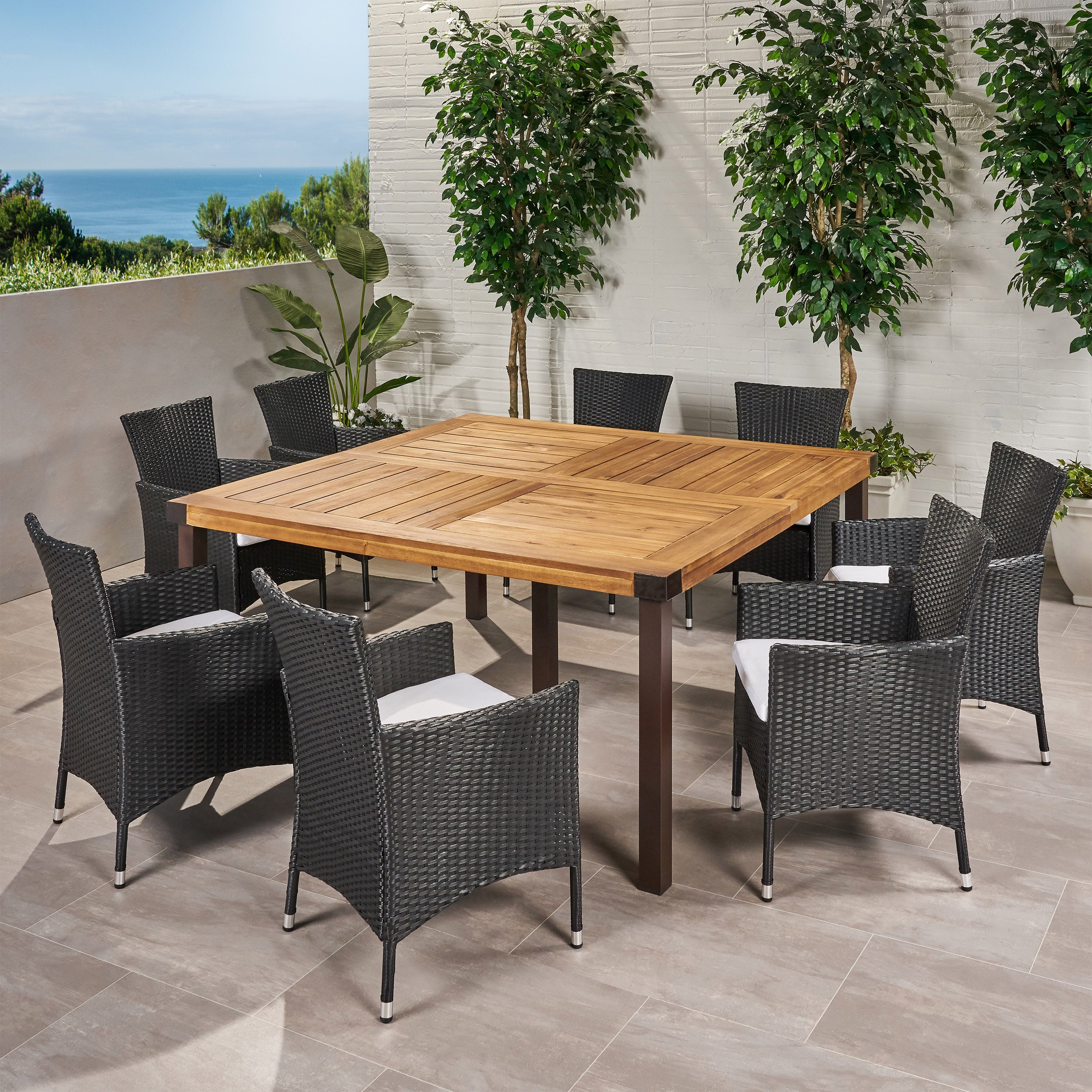 Pharrah Outdoor 8 Seater Acacia Wood and Wicker Dining Set with Cushions