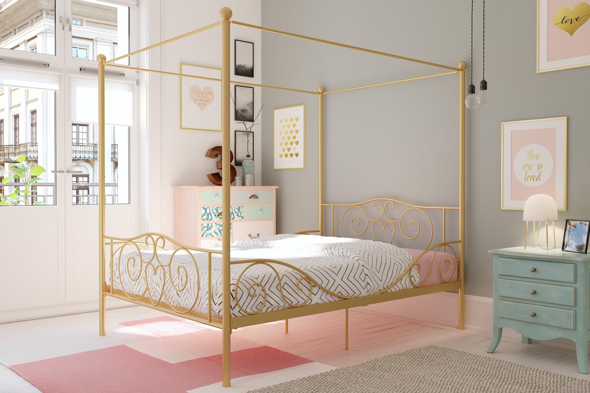 Elm & Oak Metal Canopy Kids Poster Bed, Full, Gold