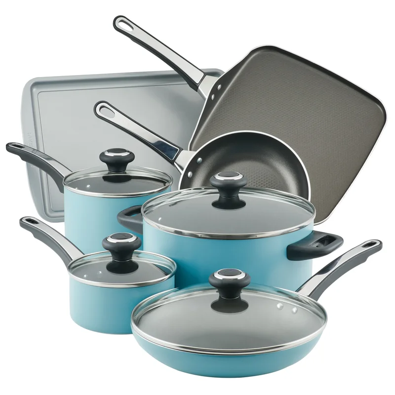 Farberware 21926 High Performance Nonstick Cookware Pots and Pans Set Dishwasher Safe， 17 Piece， Aqua