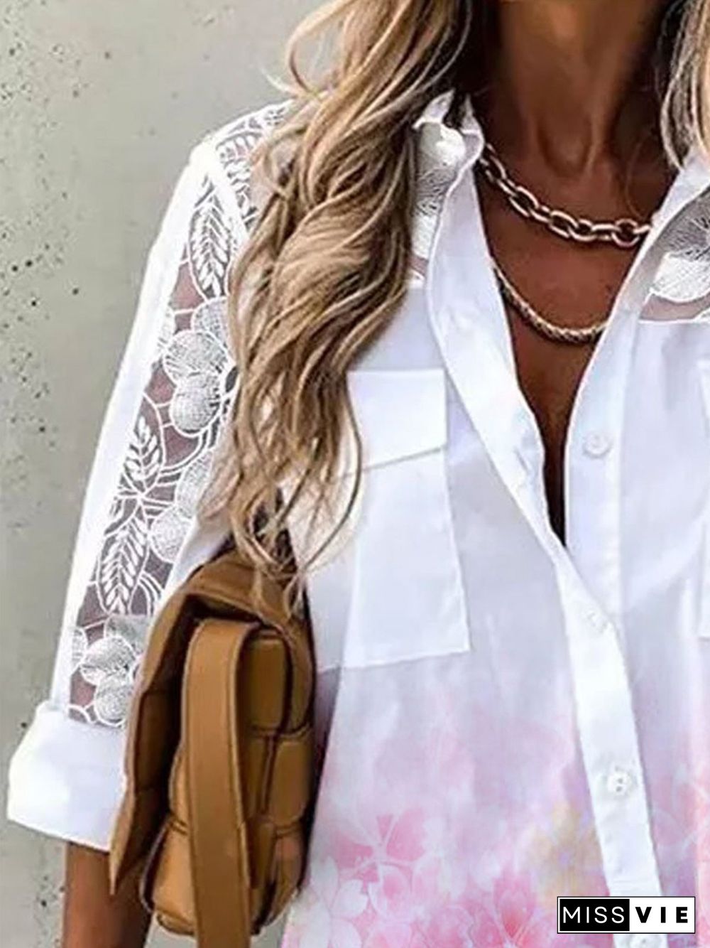 Lace 3/4 Sleeves Floral Printed Pockets Plus Size Casual Shirt