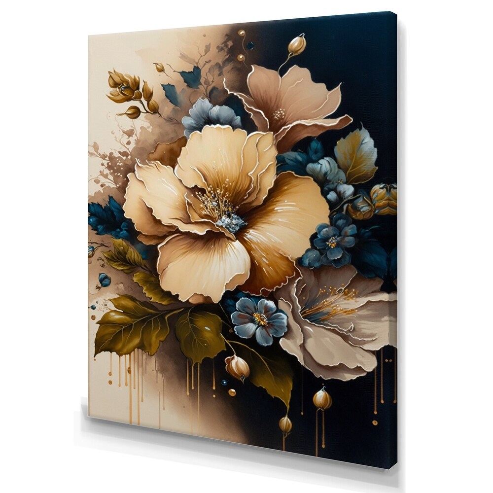 Designart 'Brown And Blue Hibiscus Bouquet I' Floral   Botanical Canvas Wall Art