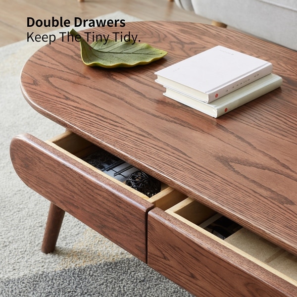 Capsule Centre Solid Oak Table with Drawers， Solid Wood Coffee Table Easy to Assemble Natural for Living room