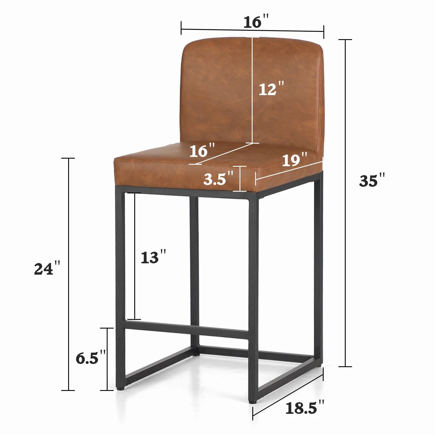 Sophia and William 24 PU Leather Counter Height Bar Stool with Backrest-Set of 2-Brown