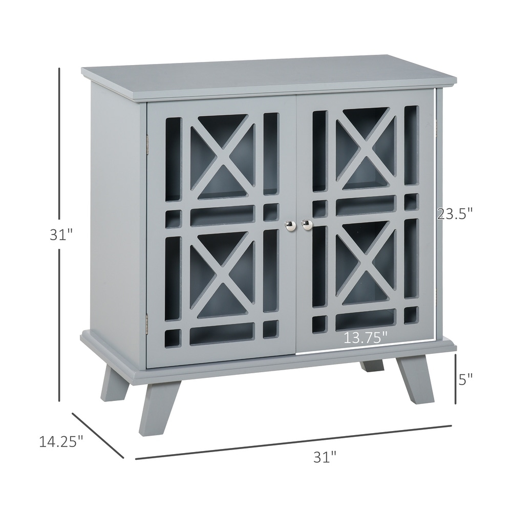 HOMCOM Accent Storage Cabinet Sideboard Serving Buffet Console with Fretwork Doors and Elevated Base  Grey   31\