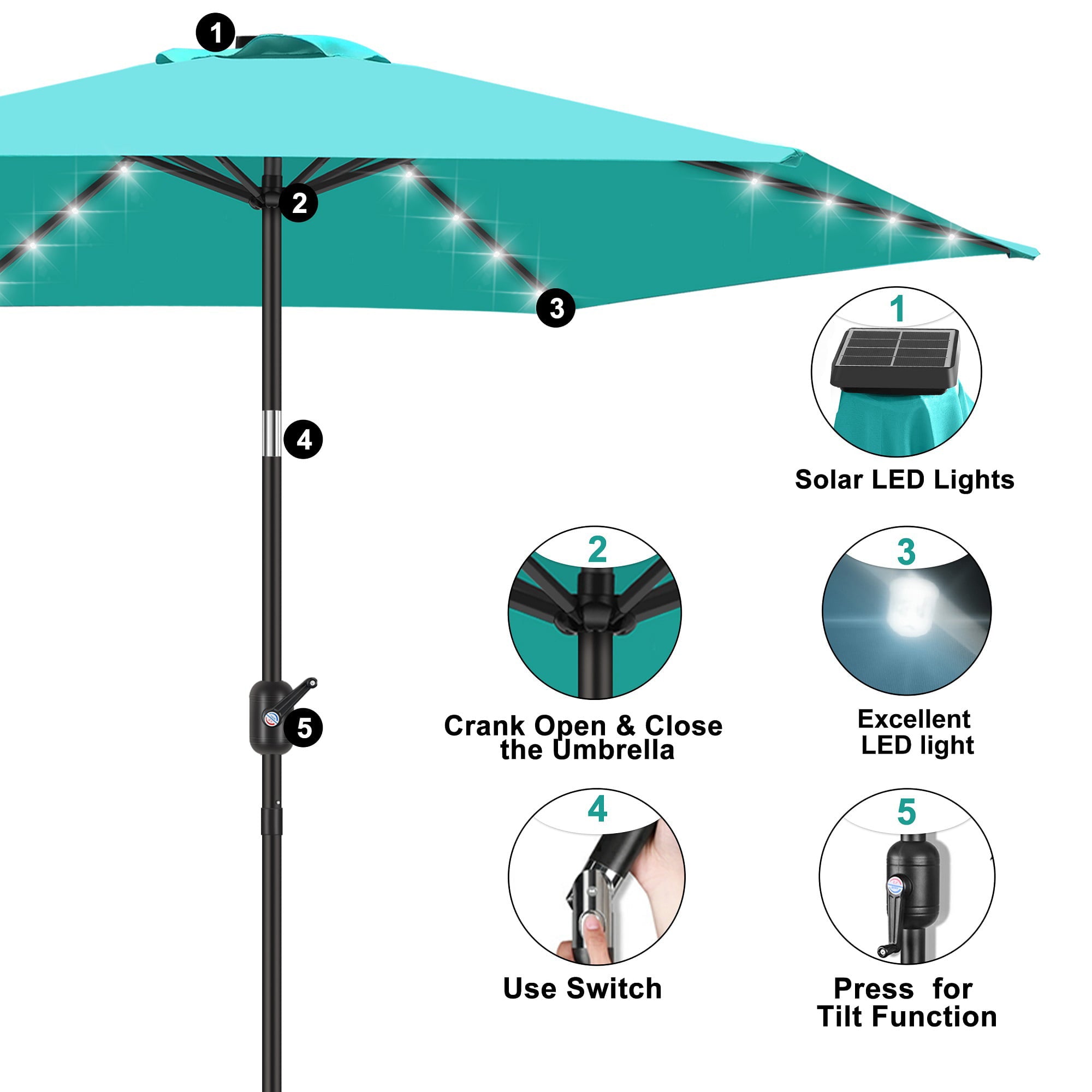 Scafild | 7.5 ft Solar LED Light Patio Umbrella Outdoor W/ Easy Tilt - Peacock Blue