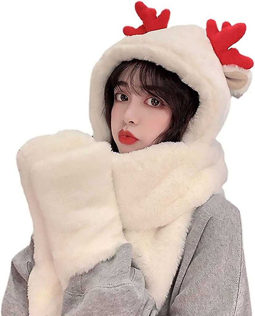 3 In 1 Hat Gloves Scarf Cute Plush Antler Hat Winter Warm Animal Hood Hat For Women Girls Christmas Costume Dress Up White -