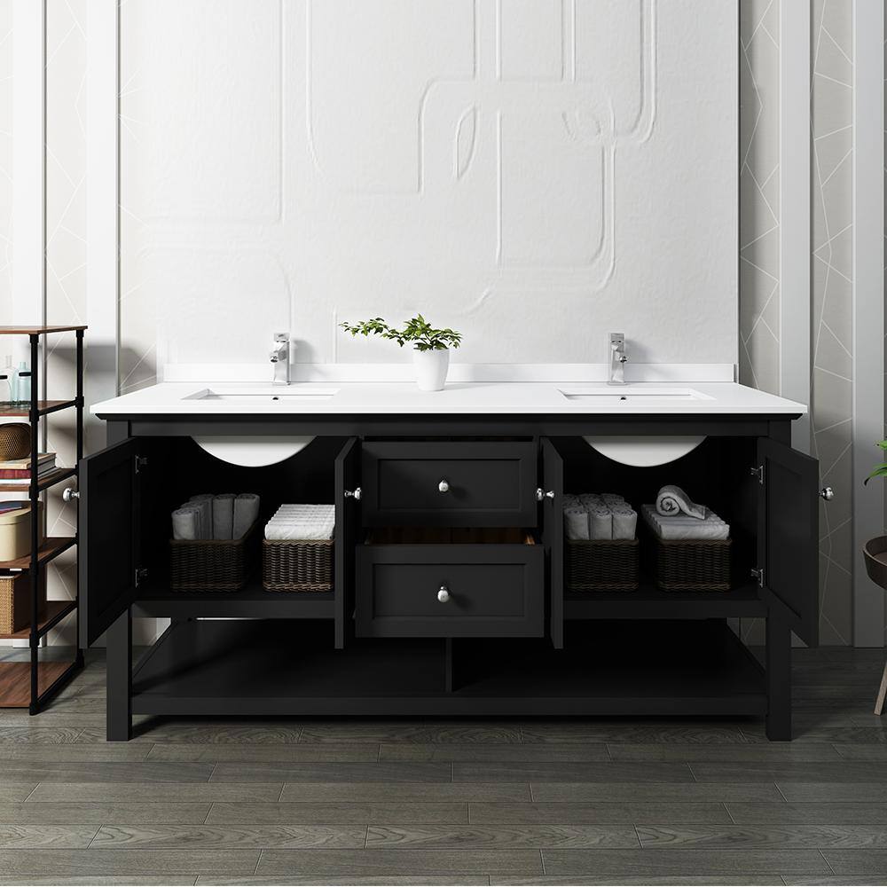 Fresca Manchester 72 in. W Bathroom Double Bowl Vanity in Black with Quartz Stone Vanity Top in White with White Basins FCB2372BL-D-CWH-U